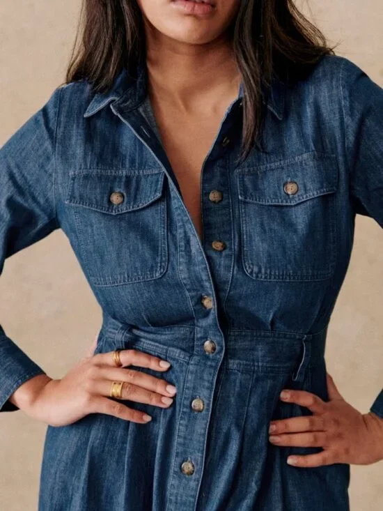 Sezane Gwen Denim Dress Organic Cotton Button Front Midi French Girl Classic 12 - Picture 11 of 11